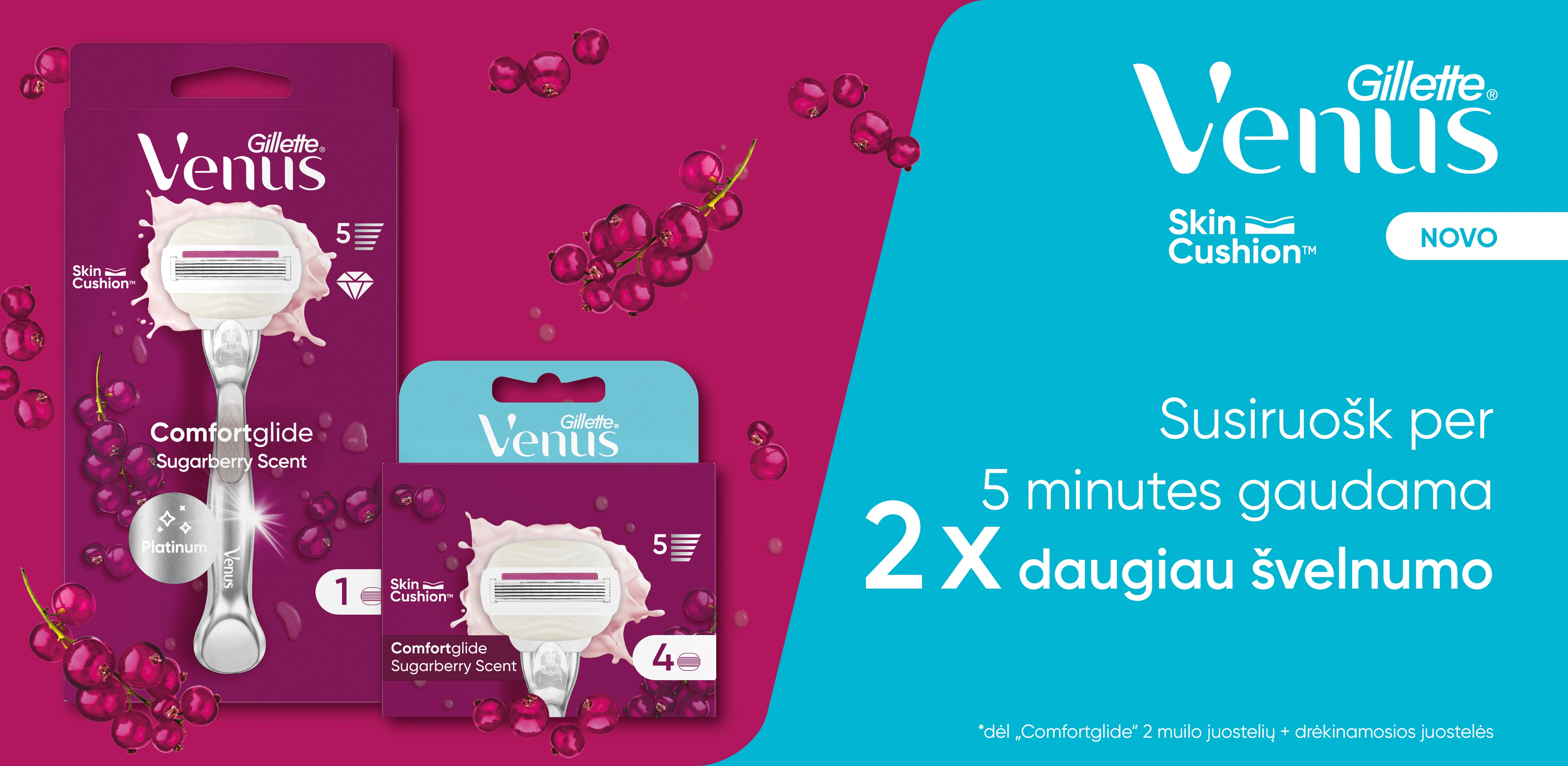 Gillette Venus ComfortGlide Sugarberry Skustuvas + Galvutė 1 vnt. aprašymas - Prekės nuotrauka
