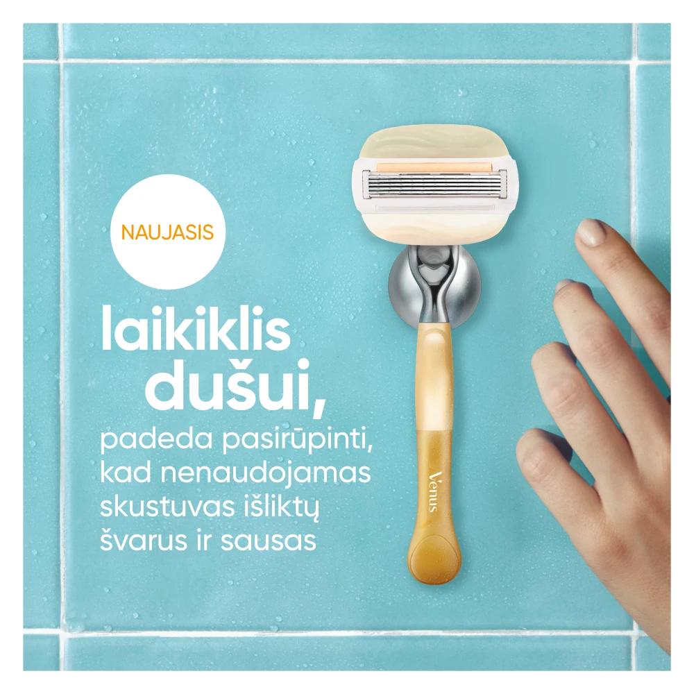 Gillette Venus ComfortGlow Argan Oil Skustuvas, 1 Keičiamos Skustuvo Galvutės, Sieninis Laikiklis aprašymas - Prekės nuotrauka