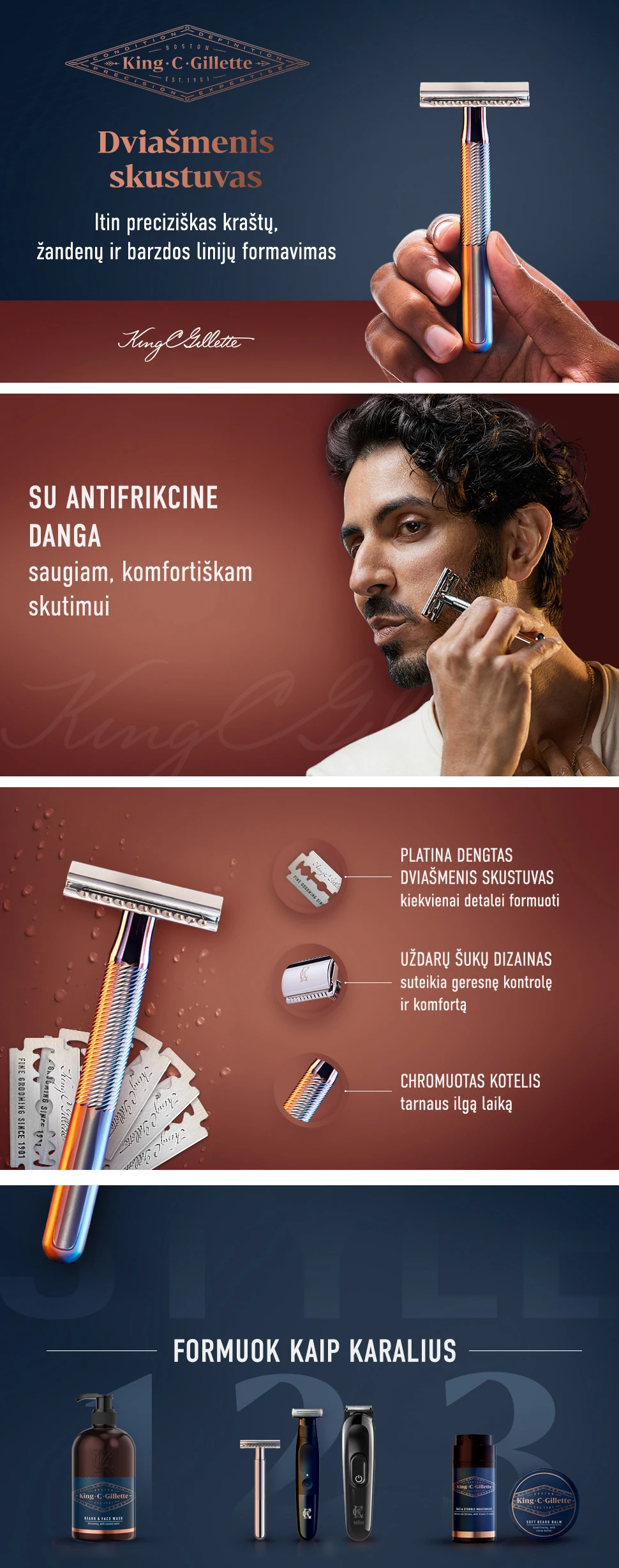 King C. Gillette Saugus Dviašmenis Skustuvas Vyrams + Atsarginiai Peiliukai 5 vnt aprašymas - Prekės nuotrauka