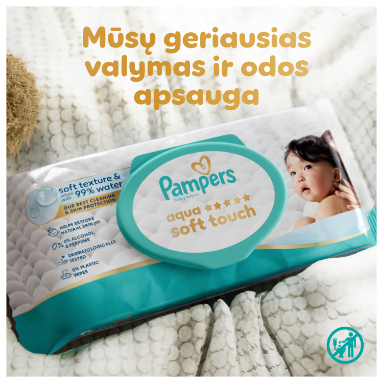 Pampers Aqua Soft Touch Servetėlės Kūdikiams, 20 Pakuotė, 1200 Servetėlės aprašymas - Prekės nuotrauka