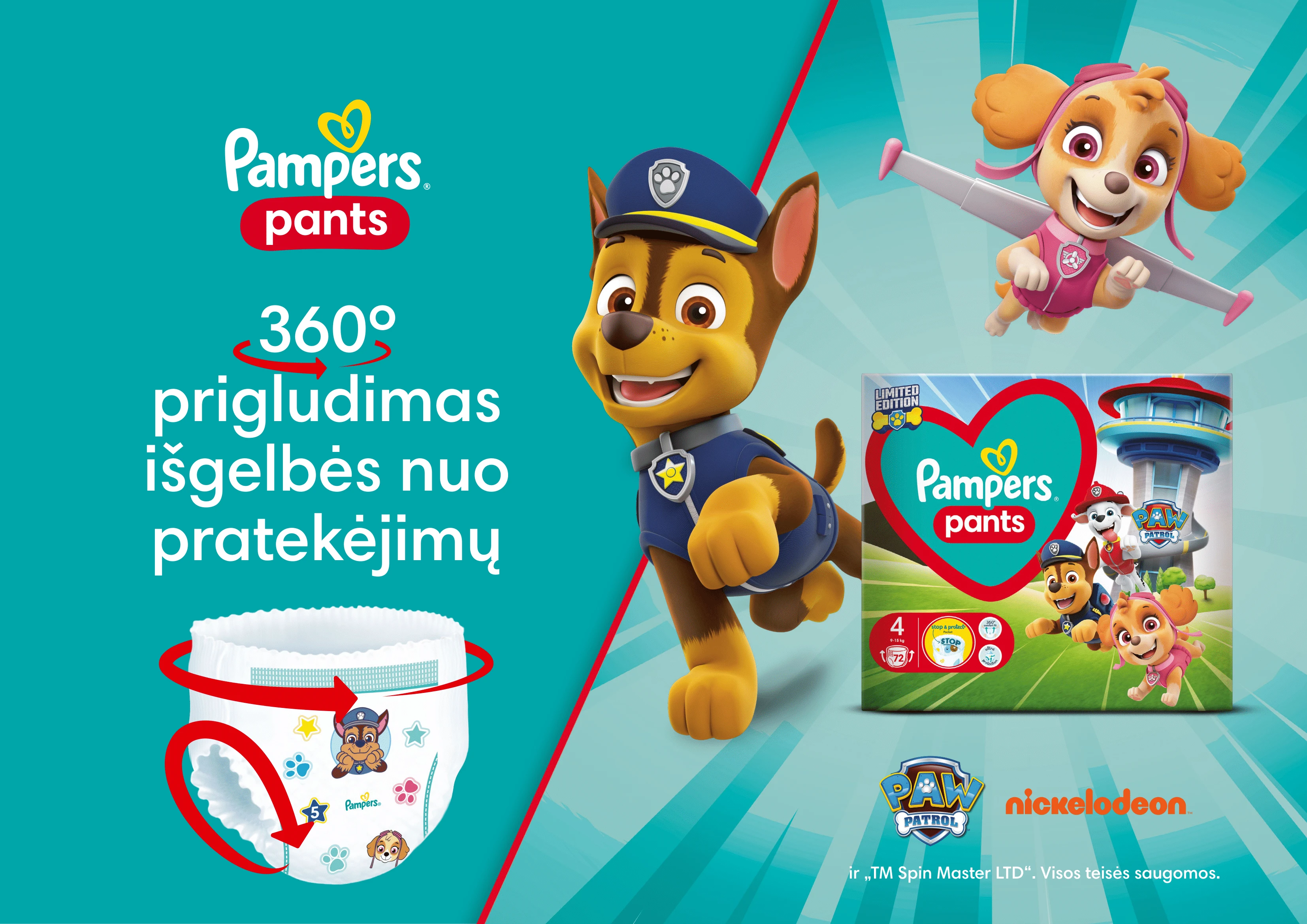 Pampers Pants Paw Patrol sauskelnės-kelnaitės, 5 Dydis, 132 vnt., 12–17 kg aprašymas - Prekės nuotrauka