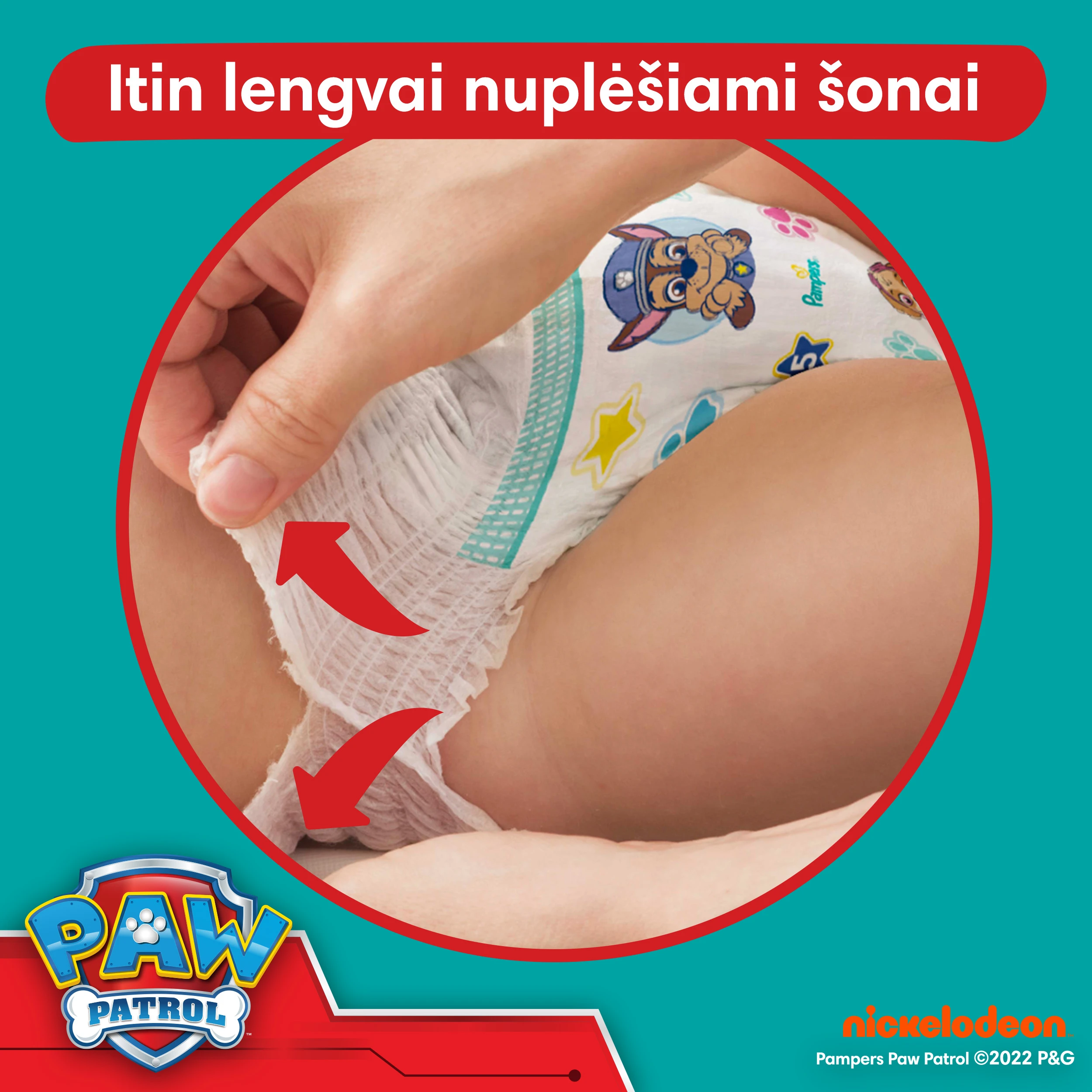 Pampers Pants Paw Patrol sauskelnės-kelnaitės, 5 Dydis, 132 vnt., 12–17 kg aprašymas - Prekės nuotrauka