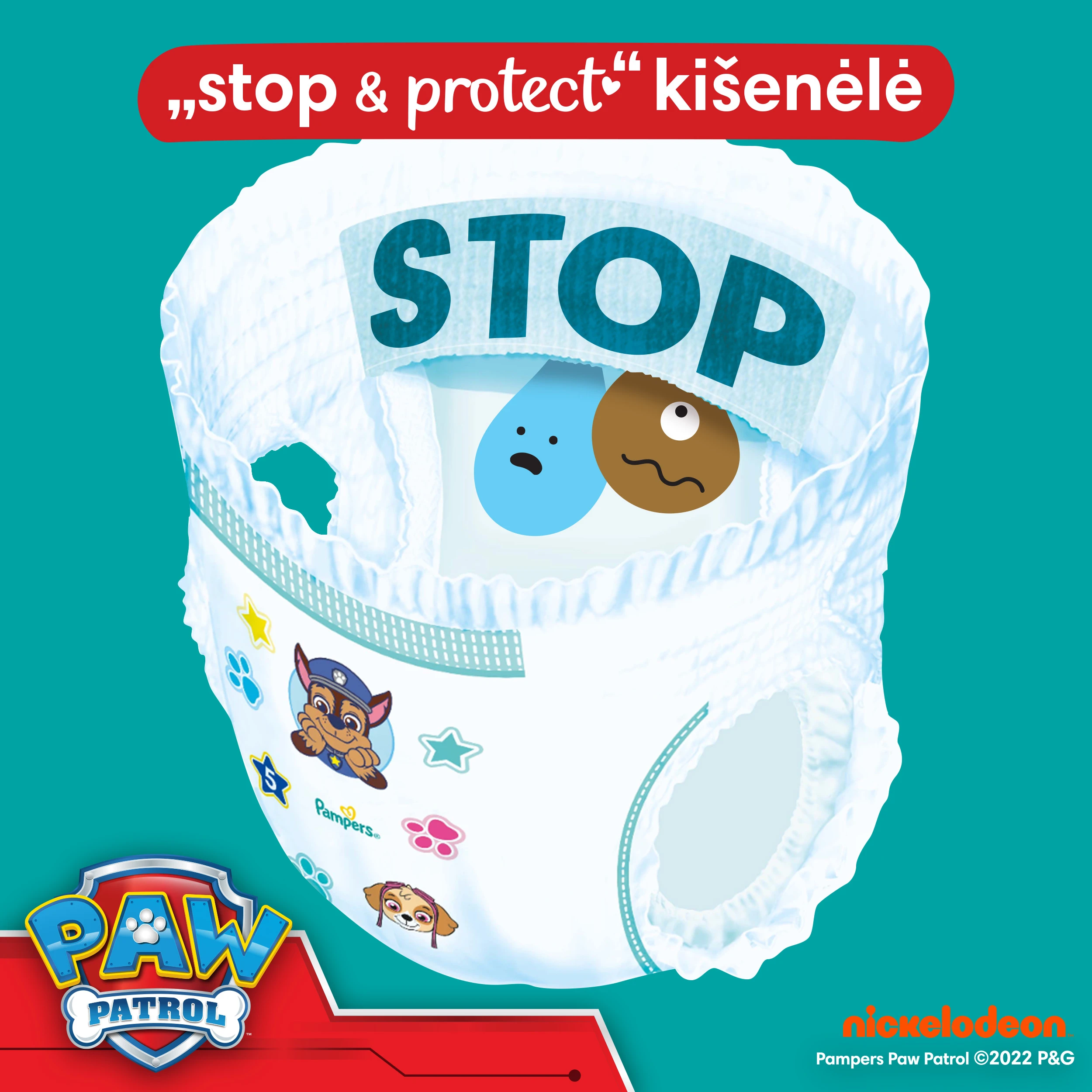 Pampers Pants Paw Patrol Sauskelnės-Kelnaitės, 6 Dydis, 120 Sauskelnės, 13-19kg aprašymas - Prekės nuotrauka