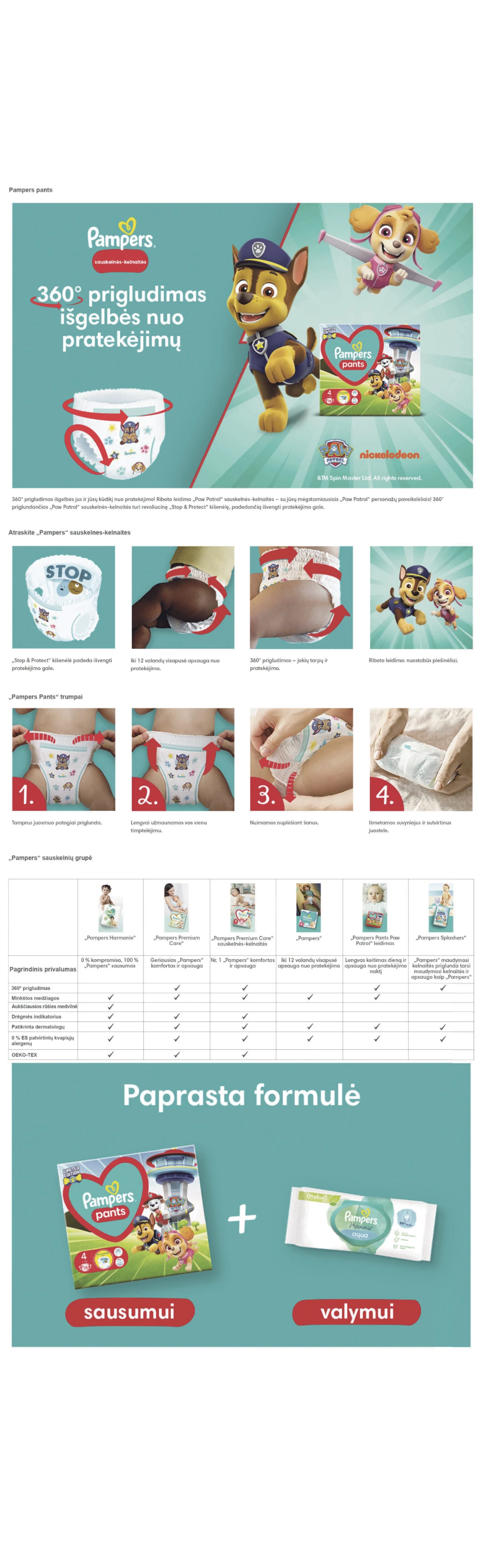 Pampers Pants Paw Patrol Sauskelnės-Kelnaitės, 6 Dydis, 120 Sauskelnės, 13-19kg aprašymas - Prekės nuotrauka