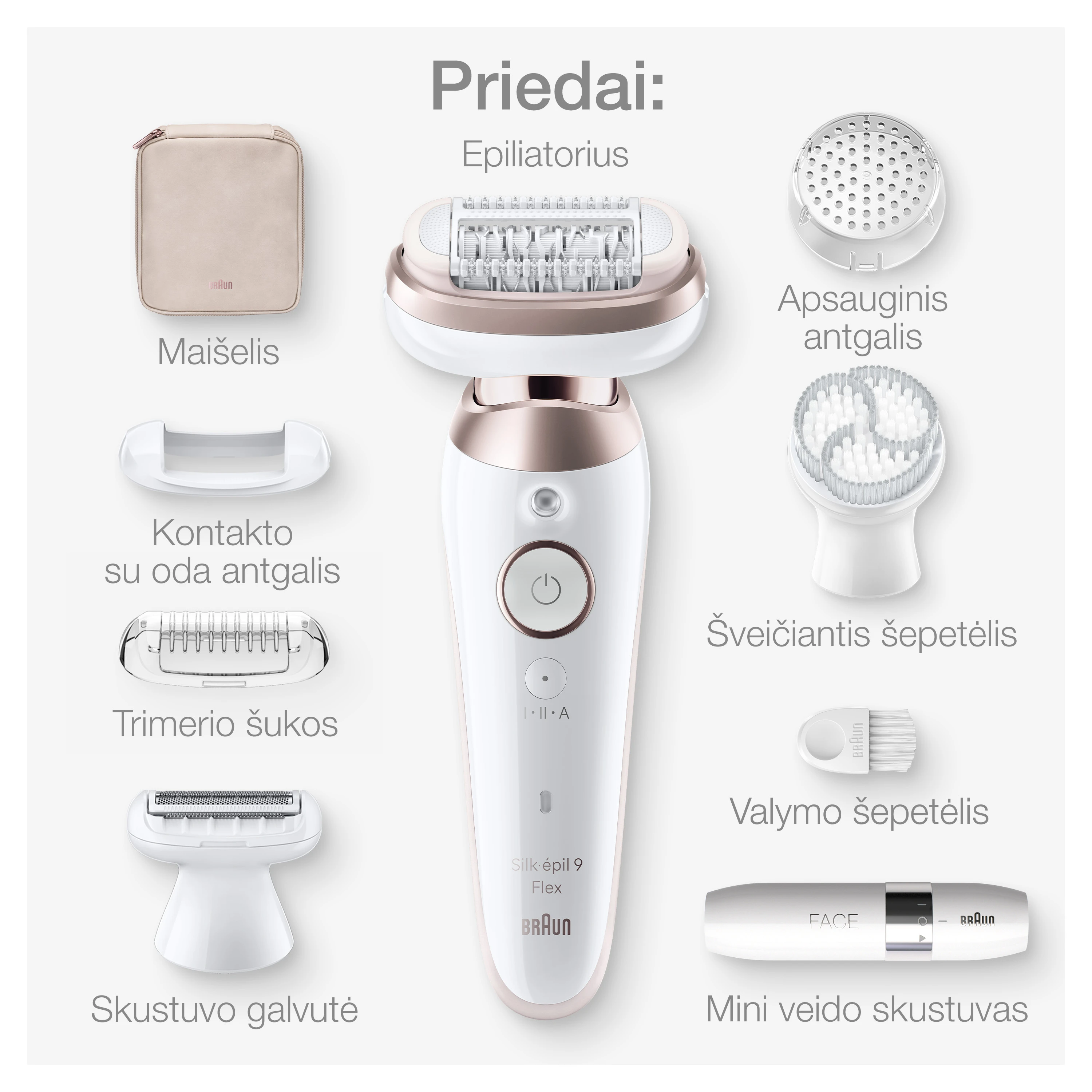 Epiliatorius Braun SES9-360 3D Silk•épil 9 Flex + FS1000 Mini skustuvas aprašymas - Prekės nuotrauka
