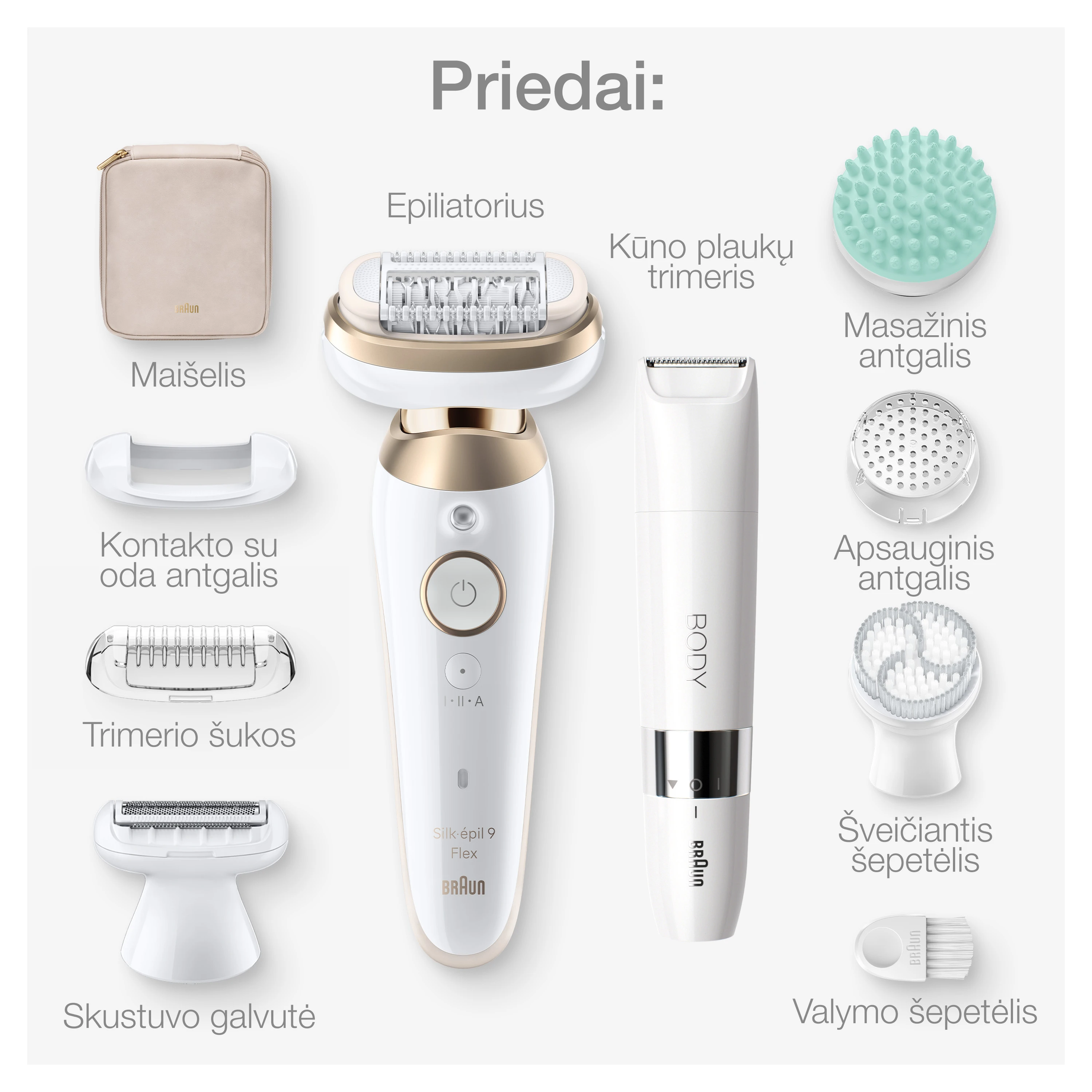 SES9-481 3D Braun Silk•épil 9 Flex SkinSpa Epiliatorius + BS1000 kompaktiškas kūno plaukų trimeris aprašymas - Prekės nuotrauka