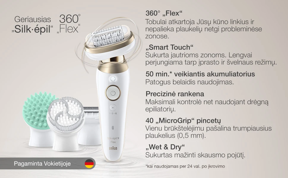 SES9-481 3D Braun Silk•épil 9 Flex SkinSpa Epiliatorius + BS1000 kompaktiškas kūno plaukų trimeris aprašymas - Prekės nuotrauka