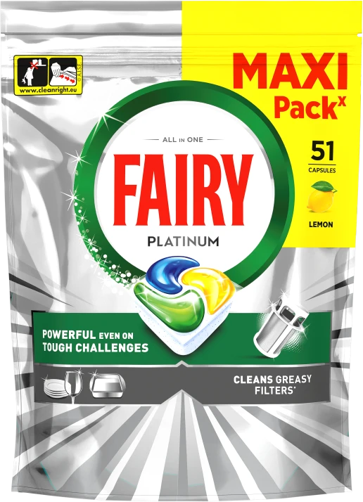 Indaplovių tabletės Fairy Platinum All In One Lemon, 51 vnt.