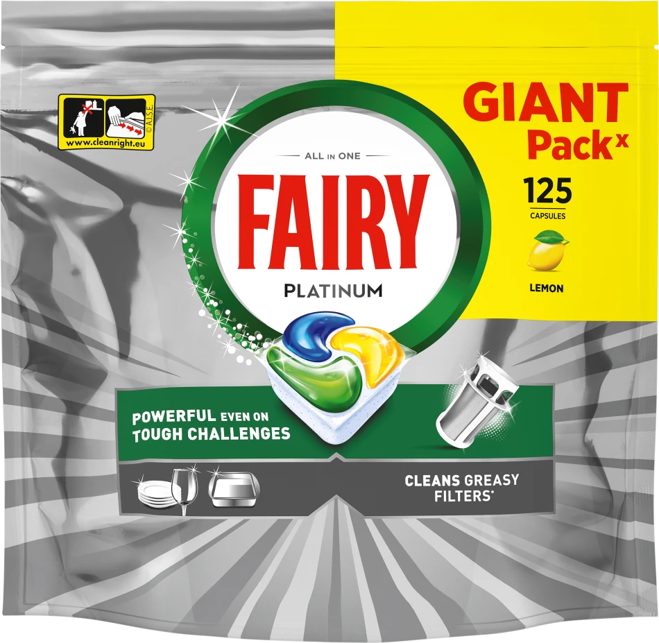 Indaplovių Tabletės, Fairy Platinum All In One Lemon, 125 vnt.