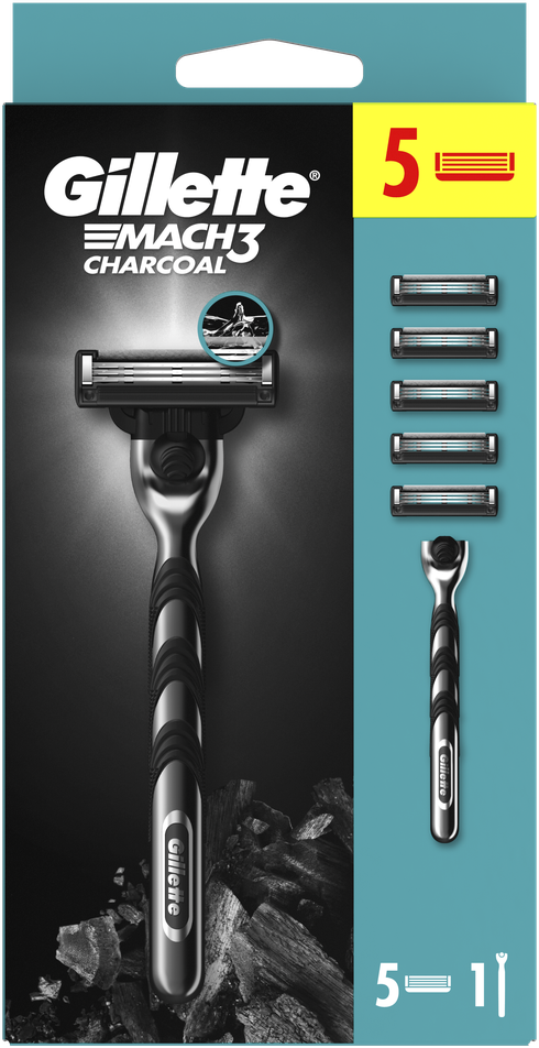 Gillette Mach3 Charcoal Skustuvas Vyrams, 1 Gillette Skustuvas + 5 Keičiamos Galvutės