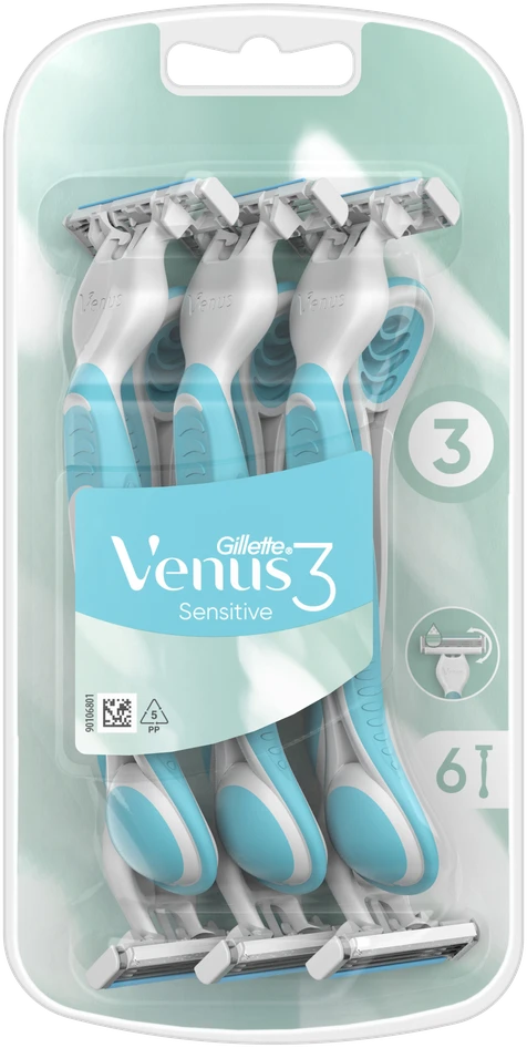 Gillette Venus 3 Sensitive Vienkartiniai Skustuvai Moterims, 6, Vnt. Pakuotė