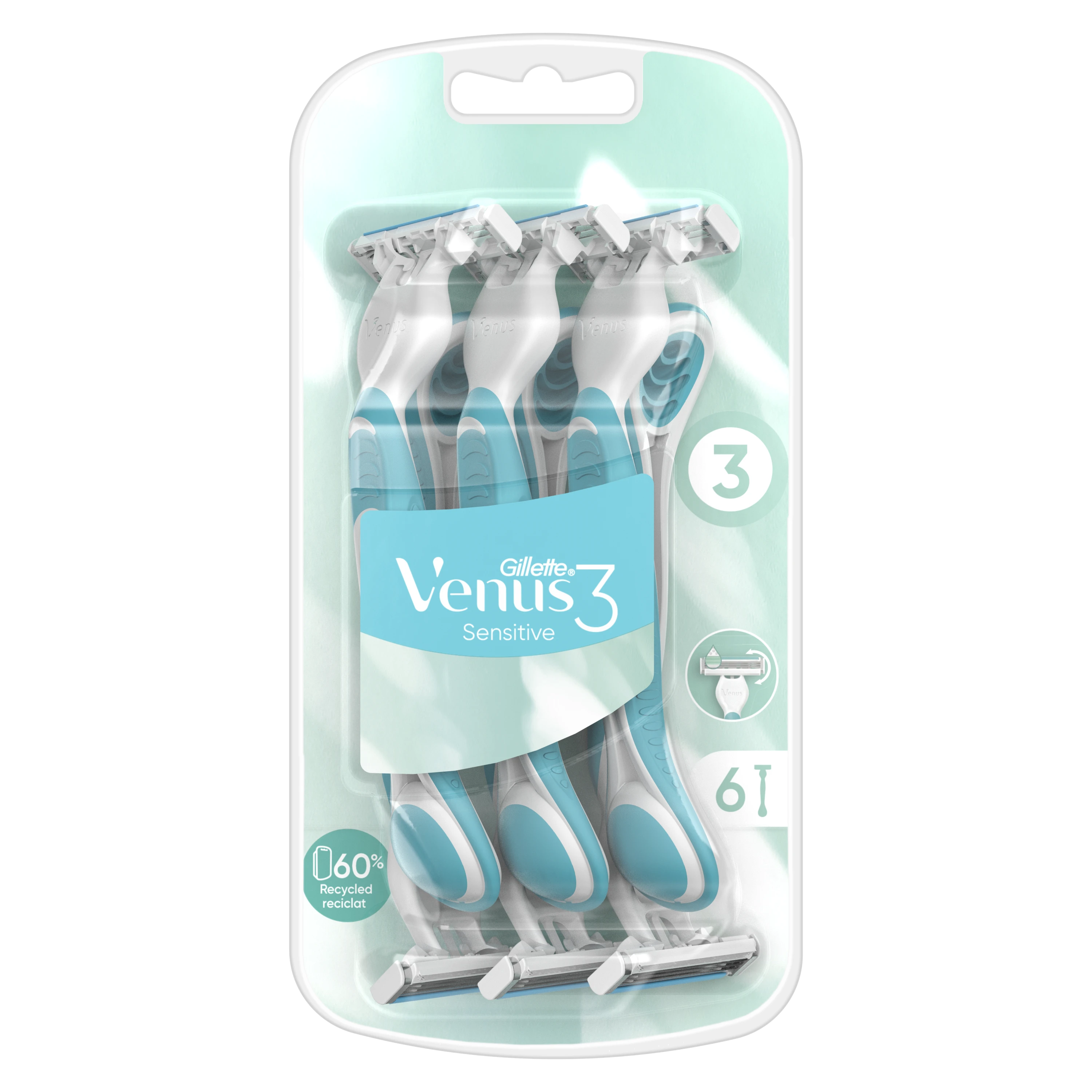 Gillette Venus 3 Sensitive Vienkartiniai Skustuvai Moterims, 6, Vnt. Pakuotė