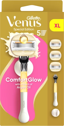 Gillette Venus ComfortGlow Argan Oil skustuvas, 3 keičiamos skustuvo galvutės, sieninis laikiklis