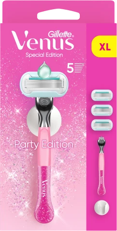 Gillette Venus Party Edition skustuvas, 3 keičiamos skustuvo galvutės, sieninis laikiklis
