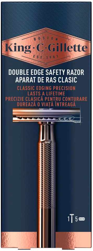 King C. Gillette Saugus Dviašmenis Skustuvas Vyrams + Atsarginiai Peiliukai 5 vnt
