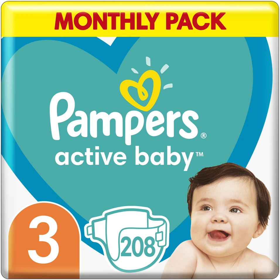 Sauskelnės Pampers Active Baby 3 dydis, 6-10kg, 208 vnt. aprašymas - Prekės nuotrauka