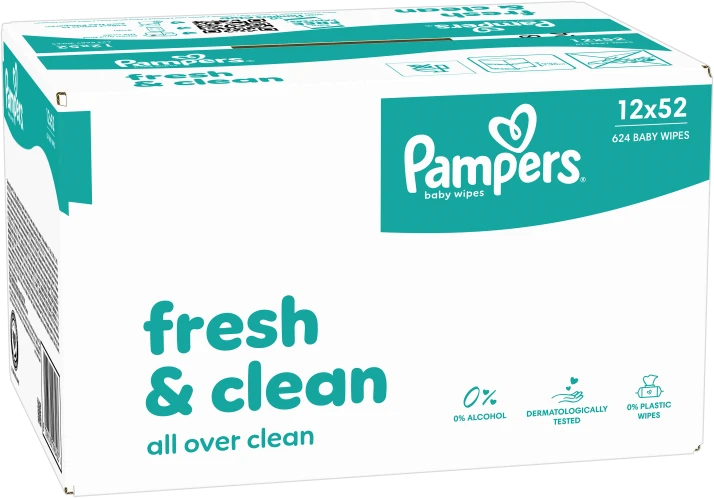 Pampers Fresh Clean Plastic Free Servetėlės Kūdikiams, 12 Pakuotė, 624 Servetėlės