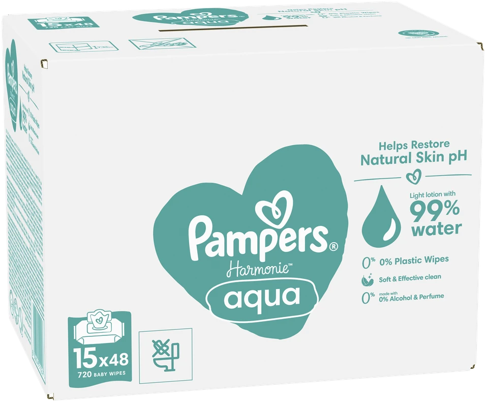 Pampers Harmonie Aqua Servetėlės Kūdikiams, 15 pakuočių, 720 servetėlių