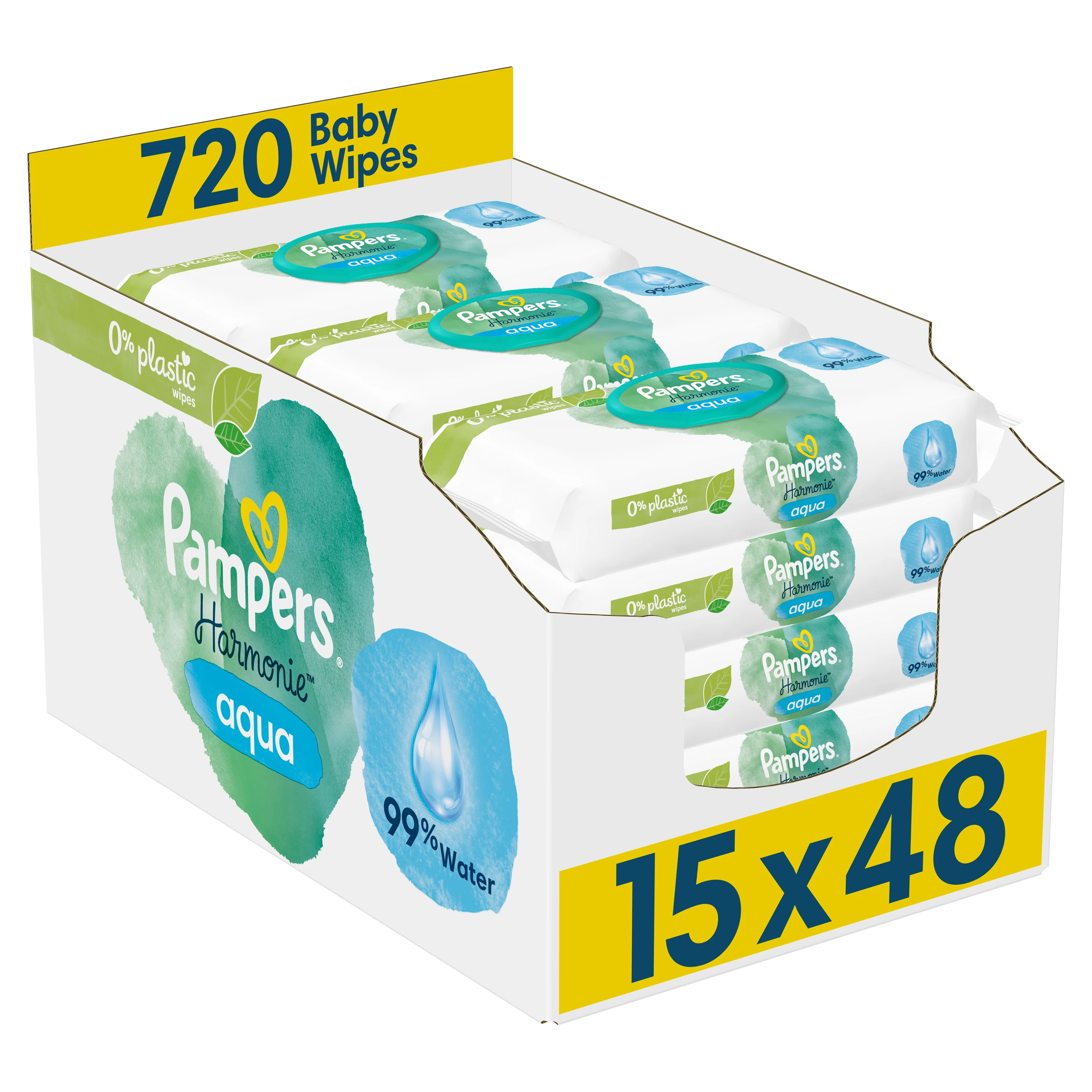 Pampers Harmonie Aqua Servetėlės Kūdikiams, 15 pakuočių, 720 servetėlių
