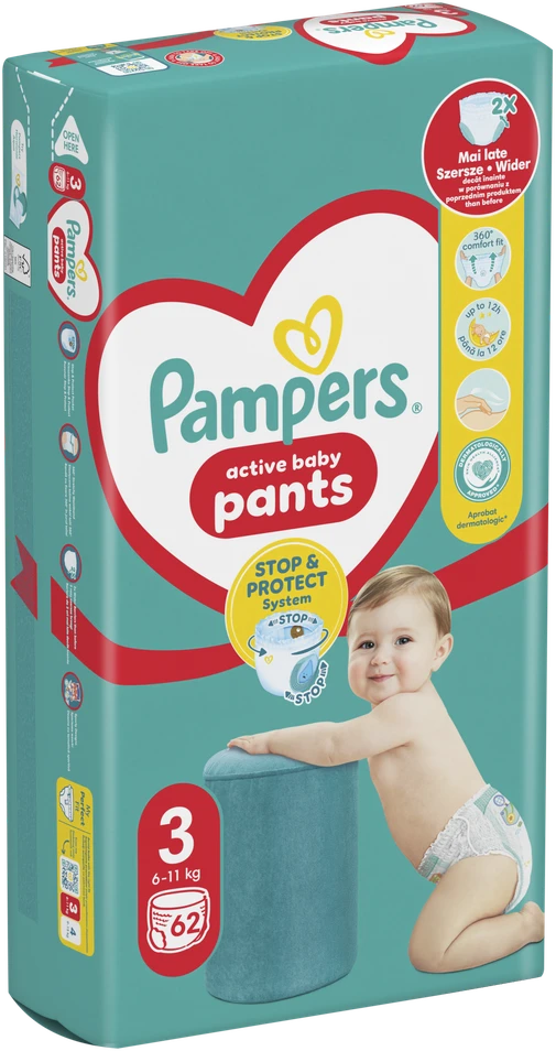 Pampers Active Baby Pants Sauskelnės-Kelnaitės, 3 Dydis, 62 Sauskelnės