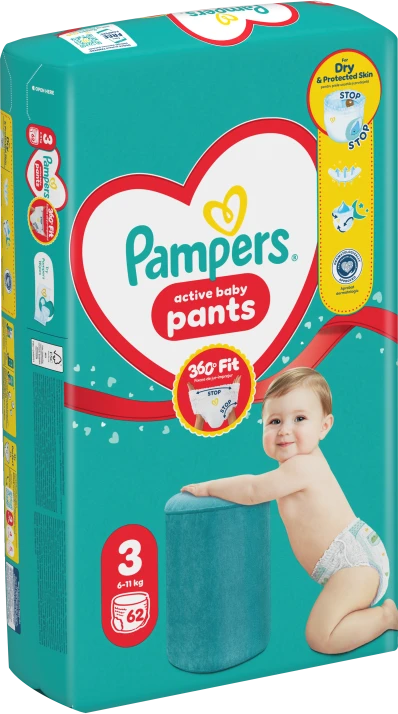Pampers Active Baby Pants Sauskelnės-Kelnaitės, 3 Dydis, 62 Sauskelnės