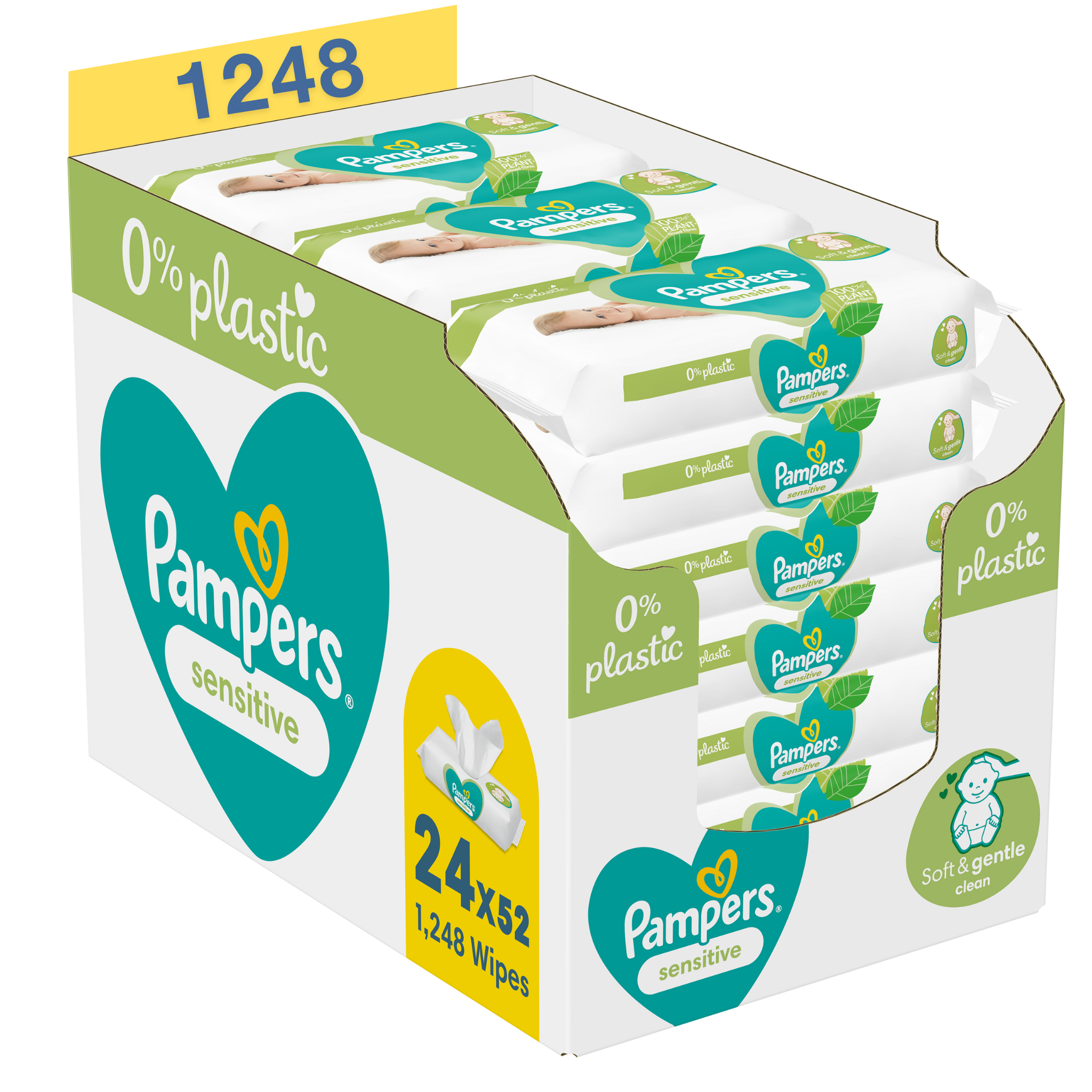 Servetėlės kūdikiams Pampers Sensitive Plastic Free, 24 pakuotės, 1248 servetėlės