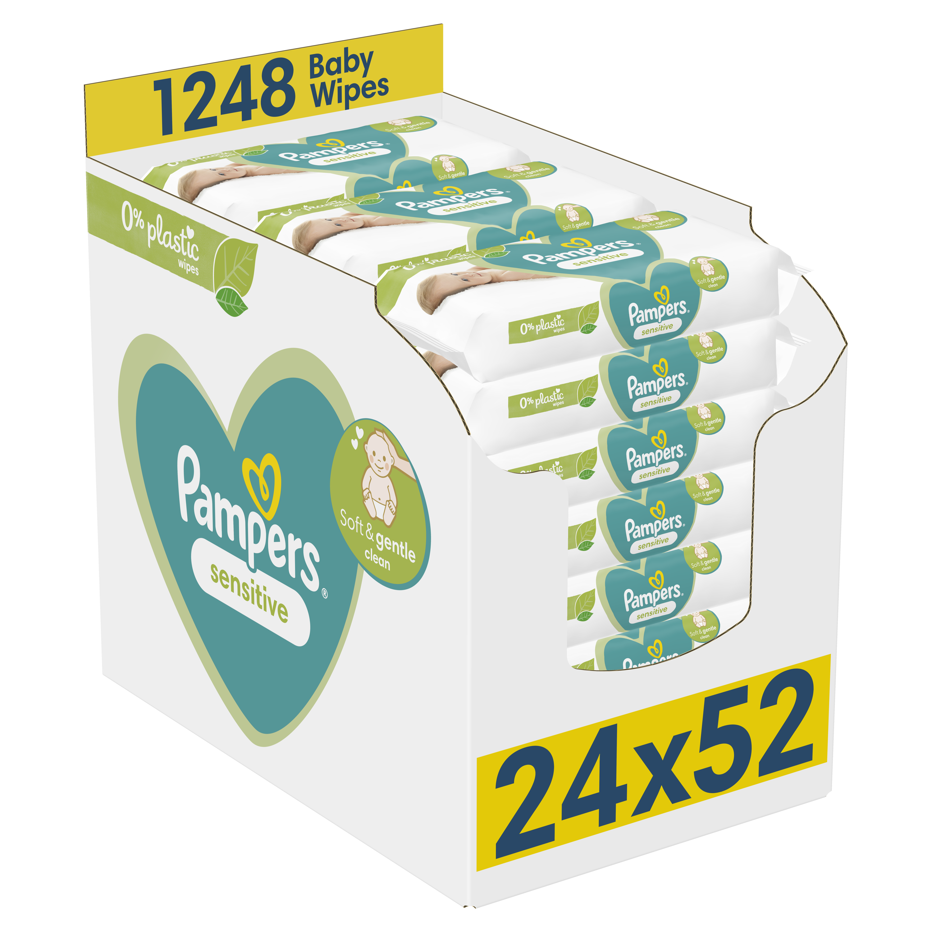Servetėlės kūdikiams Pampers Sensitive Plastic Free, 24 pakuotės, 1248 servetėlės