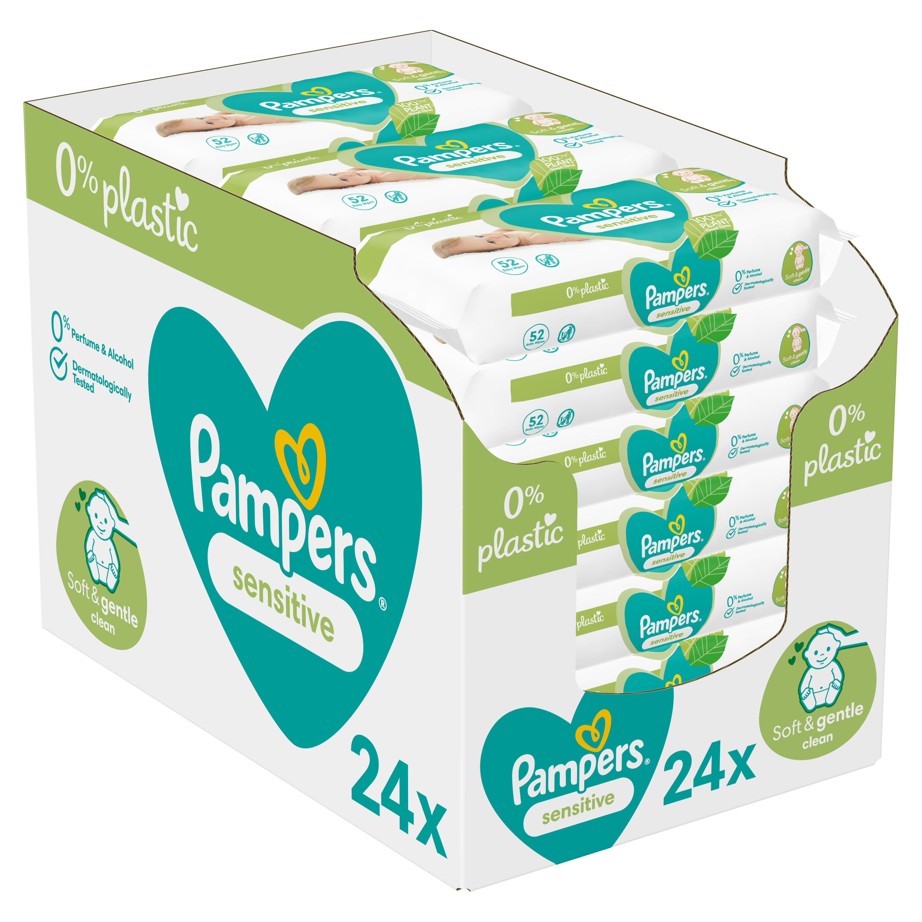 Servetėlės kūdikiams Pampers Sensitive Plastic Free, 24 pakuotės, 1248 servetėlės