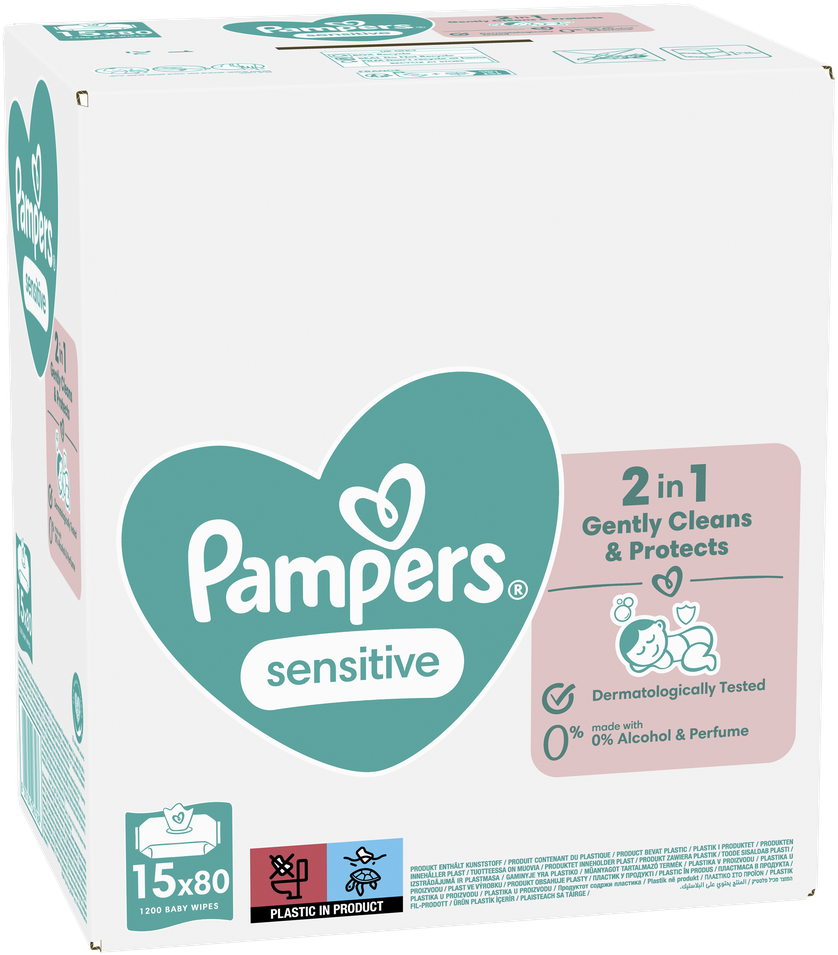 Drėgnos servetėlės Pampers Sensitive 15 pakuočiųx80vnt., 1200 servetėlės