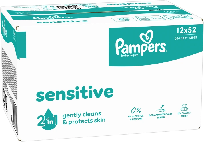 Pampers Sensitive Servetėlės Kūdikiams, 12 Pakuotė, 624 Servetėlės