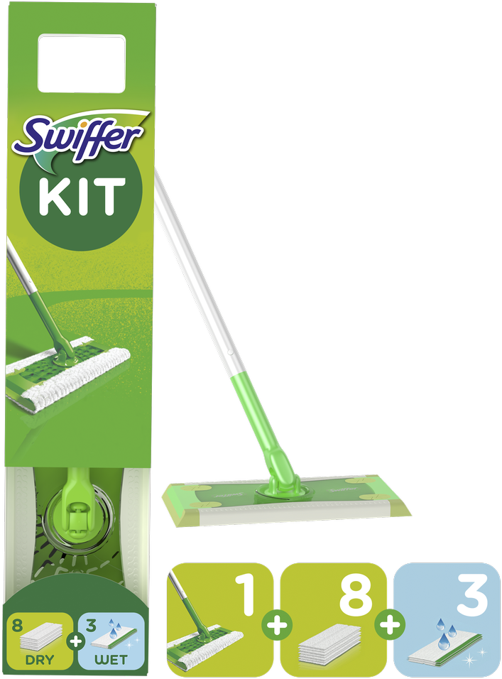 Swiffer Sweeper Starter Kit, 11 Grindų Šluosčių (Sausas 8 vnt + Šlapias