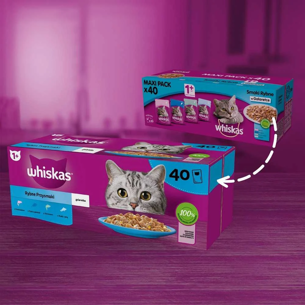Whiskas Adult (40x85g) Žuvies Skanėstai Suaugusiems Katėms 4 Skoniai Geleje