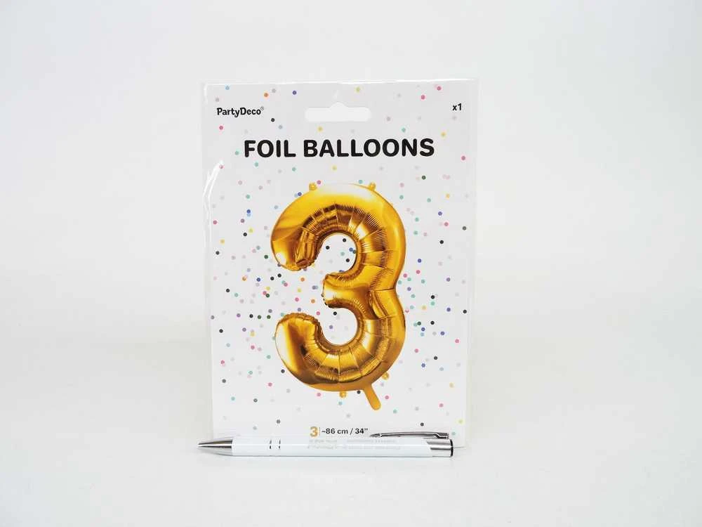 PartyDeco Folinis balionas "3" auksinis, 86 cm