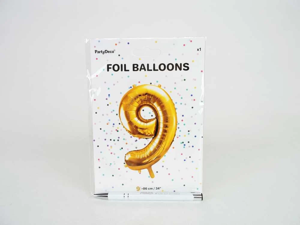 PartyDeco Folinis balionas "9" auksinis, 86 cm