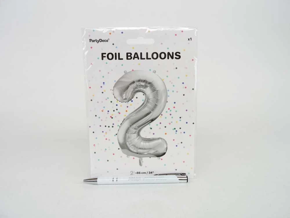 PartyDeco Balionas folinis skaičius 2 sidabrinis 86cm