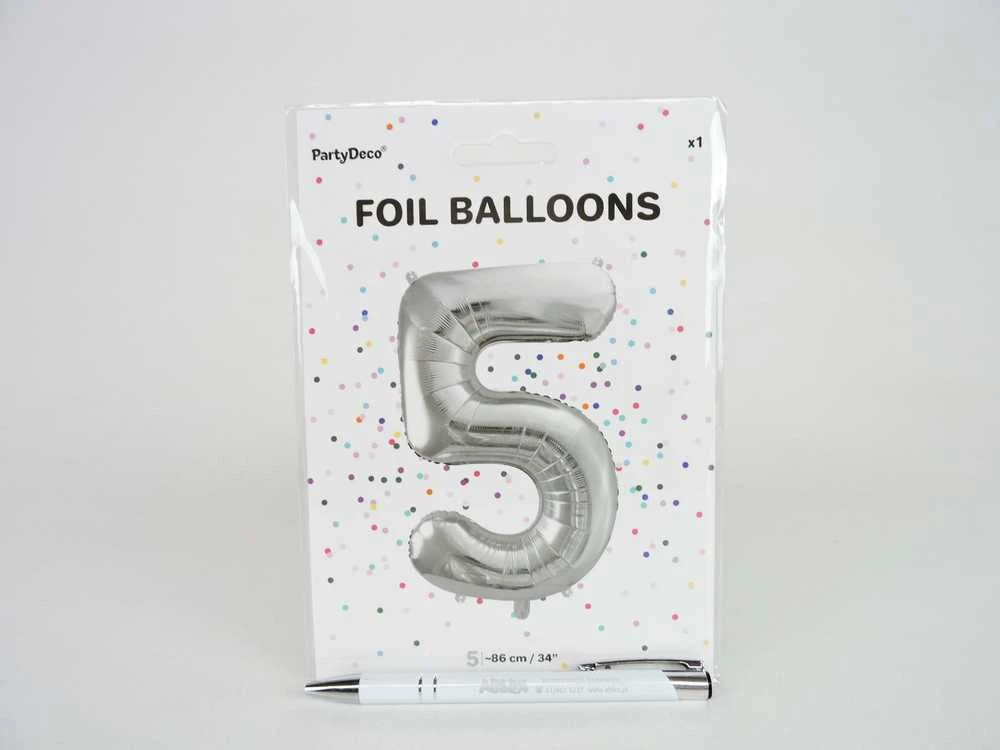 PartyDeco Balionas folinis skaičius 5 sidabrinis 86cm