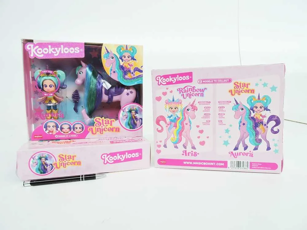 Magic Box KookyLoos Star Aurora lėlė + vienaragis su plaukais + priedai
