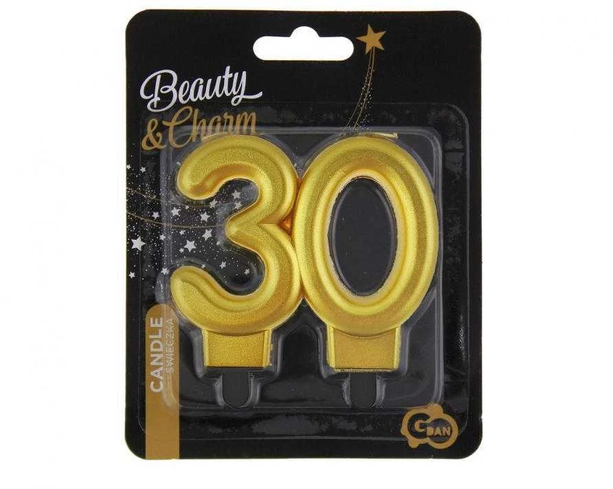 GoDan žvakė numeris 30 GIMTADIENIS, auksinė, metalinė, B&C, 8 cm