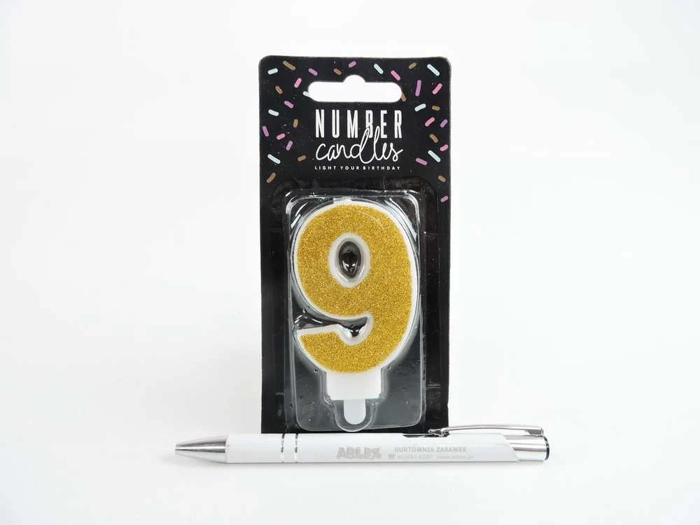 PartyDeco Gimtadienio žvakutė nr 9 auksinė blizganti 7cm