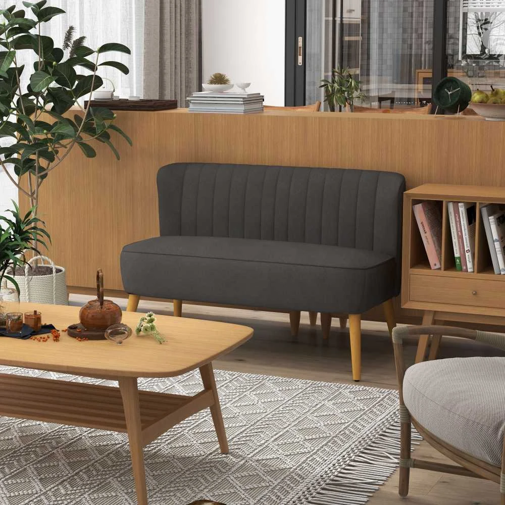 HOMCOM 2-vietė sofa, dvivietis suolo tipo krėslas, linų audinio išvaizda, medinės kojelės, iki 150 kg, tamsiai pilka, 117 x 56,5 x 77 cm