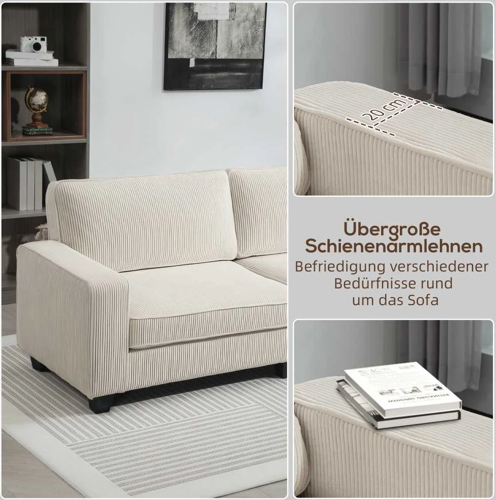 HOMCOM 3 vietų sofa, svetainės sofa su porankiais ir nugaros pagalvėmis, velveto apmušalas, spyruoklinis blokas, 227 x 84 x 87 cm, kreminė balta