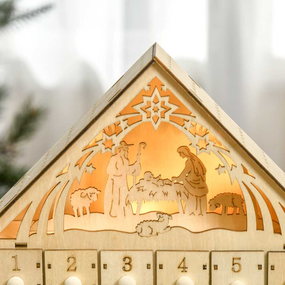 HOMCOM Advento kalendorius 24 stalčių skyriai Kalėdų kalendorius su LED lemputėmis Advento kalendoriaus dėžutė Kalėdų dekoracija "pasidaryk pats" MDF plokštė natūrali mediena 26,6 x 6 x 30 cm