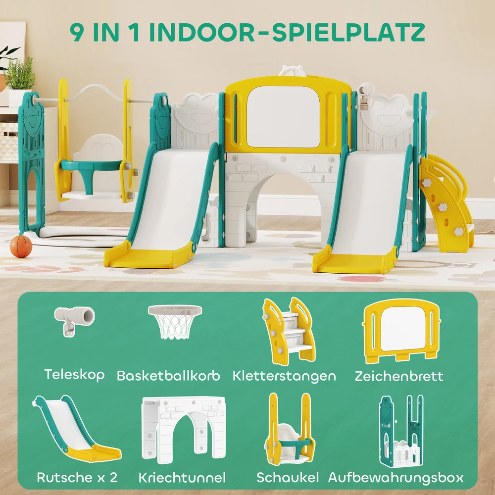 AIYAPLAY 9-in-1 čiuožyklos ir sūpynių rinkinys mažyliams su krepšinio lanku, teleskopu, piešimo lenta, varlytės dizainu, geltona+žalia