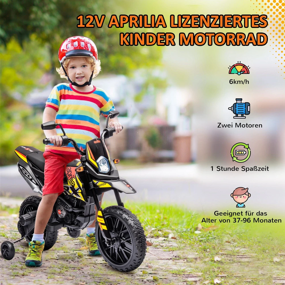 AIYAPLAY elektrinis motociklas vaikams, 12 V vaikiškas motociklas su muzika, 6 km/h vaikiška transporto priemonė su nuimamais pagalbiniais ratukais, 12 colių plastikinės padangos, 3–8 metų vaikams, maks. 30 kg, geltonas