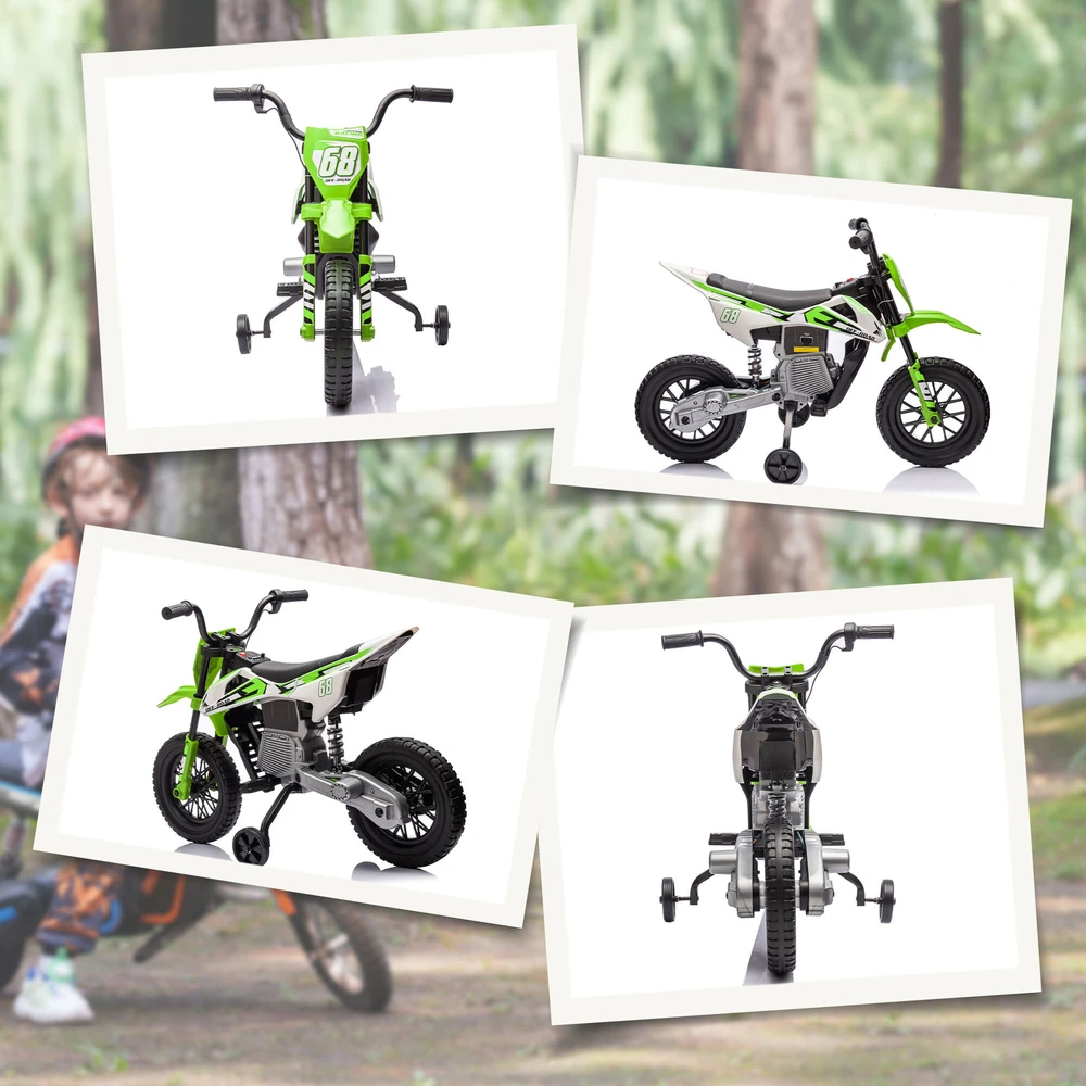 AIYAPLAY vaikiškas elektrinis motociklas, 12V motociklas vaikams su muzika, vaikiška transporto priemonė su nuimamais pagalbiniais ratukais, 2,4–5 km/val., 3–6 metų vaikams, maks. 30 kg, žalias