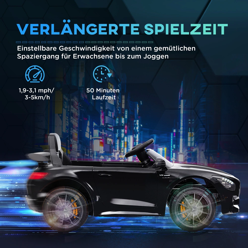 AIYAPLAY vaikiškas elektromobilis 12 V su 2,4 G nuotolinio valdymo pulteliu, USB, MP3, muzika, šviesomis, sklandžia paleidimo funkcija, atbuline eiga, 3–5 km/h, 3–6 metų vaikams, juodas
