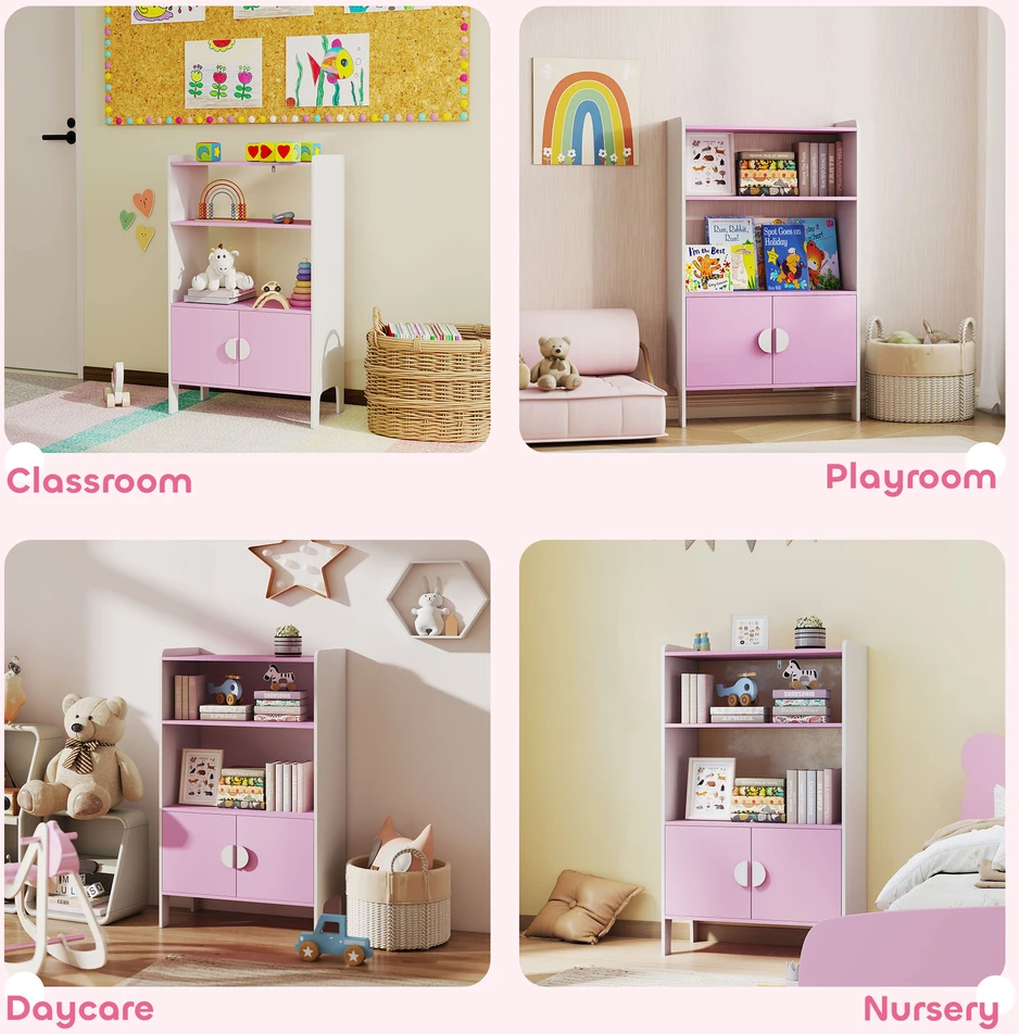 AIYAPLAY vaikiška knygų lentyna, 2 lentynos, 2 spintelės, laisvai pastatoma, apsauga nuo apvirtimo, neslystančios kojelės, MDF, rožinė ir balta