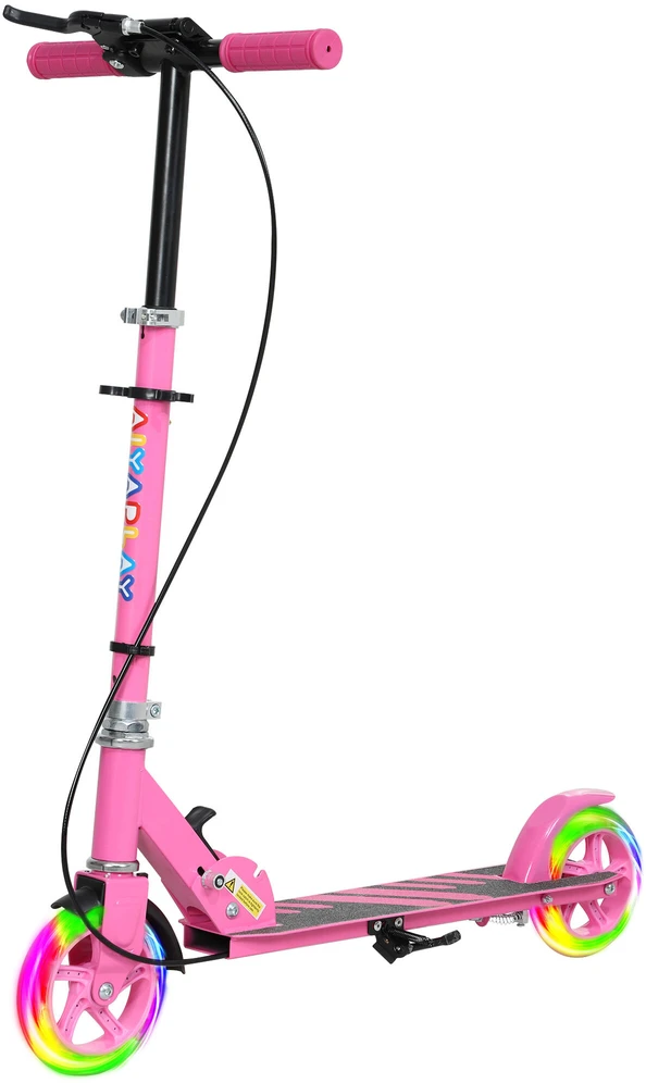 AIYAPLAY Scooter Kids Sulankstomas vaikiškas motoroleris su reguliuojamu vairo aukščiu, 2 šviečiančiais ratais, rankiniu stabdžiu ir galinio stabdžio pedalu, skirtas 3-8 metų vaikams, rožinės spalvos