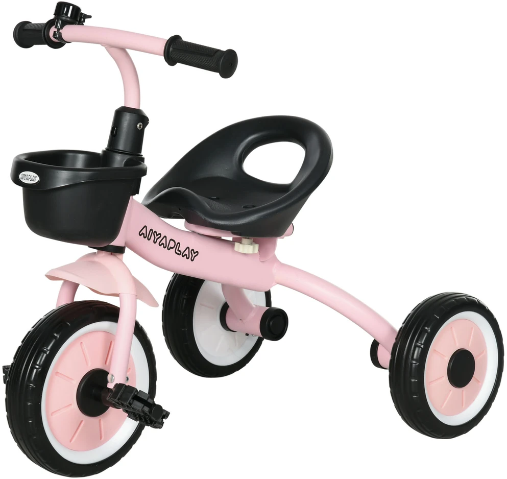 AIYAPLAY triratis, vaikiškas dviratukas su reguliuojama sėdyne, paspirtukas su krepšeliu, skambučiu, vaikiškas dviratis su pedalais, 2-5 metų vaikams, metalinis, rožinis