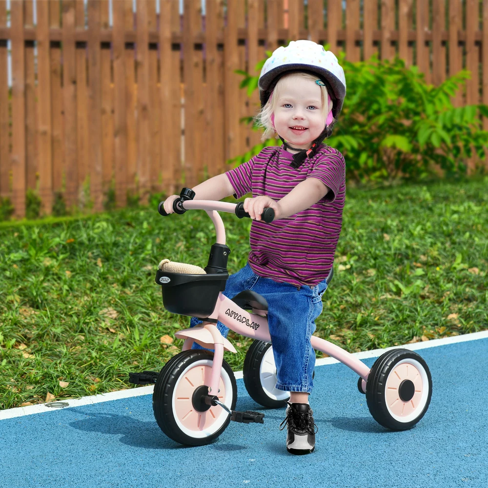 AIYAPLAY triratis, vaikiškas dviratukas su reguliuojama sėdyne, paspirtukas su krepšeliu, skambučiu, vaikiškas dviratis su pedalais, 2-5 metų vaikams, metalinis, rožinis